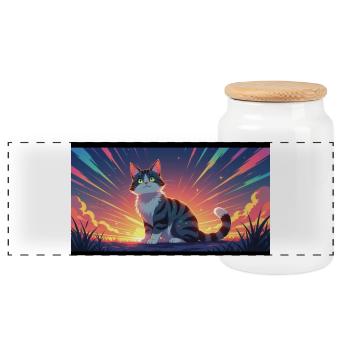Katze im Abendlicht - Panorama Keksdose mit Holzdeckel - Weiß - Vorne