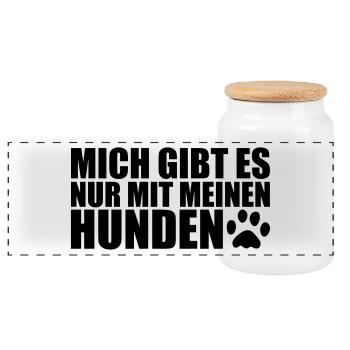 MIT MEINEN HUNDEN- Lustiges Hunde Sprüche Geschenk - Panorama Keksdose mit Holzdeckel - Weiß - Vorne