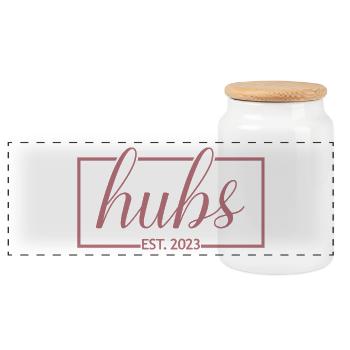 Hubs Est. 2023 Verlobung für das Hochzeitsgeschenk des Bräutigams - Panorama Keksdose mit Holzdeckel - Weiß - Vorne
