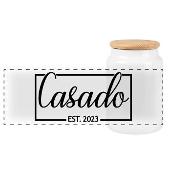 Casado Est. 2023 Engagement Groom's Wedding Party - Panoramic Cookie Jar with Wooden Lid - white - Front