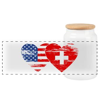 USA Schweiz Flagge Herz used - Panorama Keksdose mit Holzdeckel - Weiß - Vorne