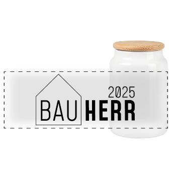Bauherr 2025 - mit Haus - Panorama Keksdose mit Holzdeckel - Weiß - Vorne