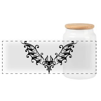 Gothic Tribal Bat Tattoo – Ornamental Wings - Panoramic Cookie Jar with Wooden Lid - white - Front