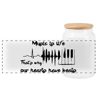 Music is life, piano, pianist, keyboard # - Panoramic Cookie Jar with Wooden Lid - white - Front