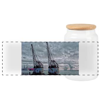 Hamburg harbor port romance with two rusty old - Panoramic Cookie Jar with Wooden Lid - white - Front