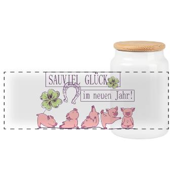 Sauviel Glück im neuen Jahr ! - Panorama Keksdose mit Holzdeckel - Weiß - Vorne