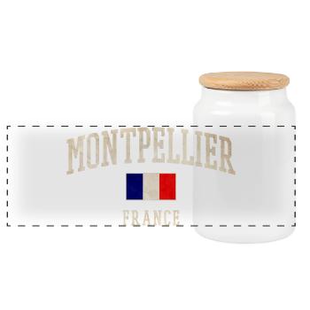 Montpellier France Vintage Design - Panoramic Cookie Jar with Wooden Lid - white - Front