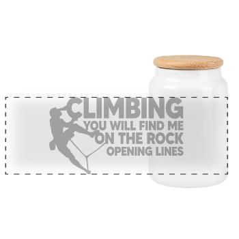 CLIMBING, ROCK CLIMBING, opening lines - Panoramic Cookie Jar with Wooden Lid - white - Front