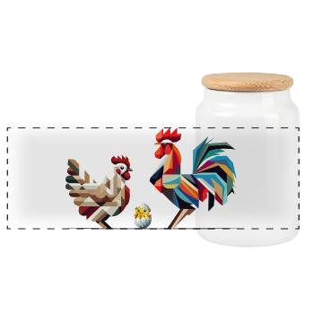 Rooster, Hen and Chick – Geometric Easter Motif - Panoramic Cookie Jar with Wooden Lid - white - Front