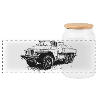 Ural Power – heavyweight on wheels - Panoramic Cookie Jar with Wooden Lid - white - Front