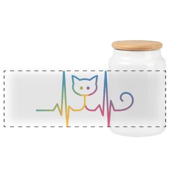 Katze EKG Herzschlag Regenbogen Motiv - Panorama Keksdose mit Holzdeckel - Weiß - Vorne