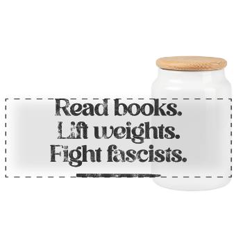 Read books. Lift weights. Fight fascists.  - Panorama Keksdose mit Holzdeckel - Weiß - Vorne