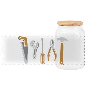 Ensemble d’outils vectoriels - scie, marteau, pinces, vis - Boîte à biscuits avec couvercle en bois - blanc - Devant