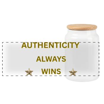 AUTHENTICITY ALWAYS WINS – Gold Motivational Quote - Panoramic Cookie Jar with Wooden Lid - white - Front