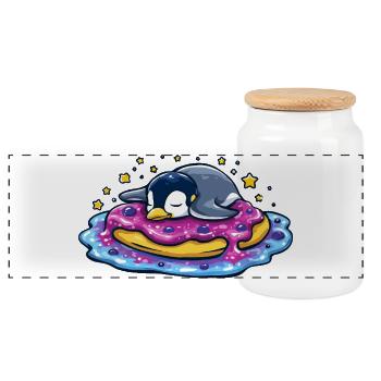 Schlafender Pinguin auf Donut - Panorama Keksdose mit Holzdeckel - Weiß - Vorne