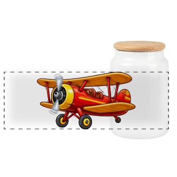 Doppeldecker Flugzeug Motiv Retro Cartoon  - Panorama Keksdose mit Holzdeckel - Weiß - Vorne
