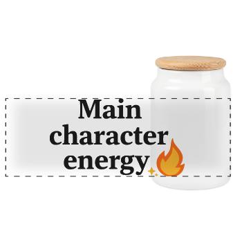 Main Character Energy with Flame - Panoramic Cookie Jar with Wooden Lid - white - Front