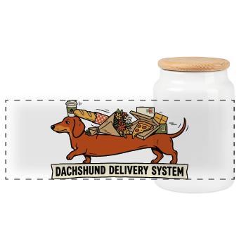 Dachshund Delivery System Funny Dog Design - Panoramic Cookie Jar with Wooden Lid - white - Front