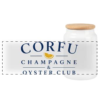 Corfu Champ*gne & Oyster Club Logo - Boîte à biscuits avec couvercle en bois - blanc - Devant