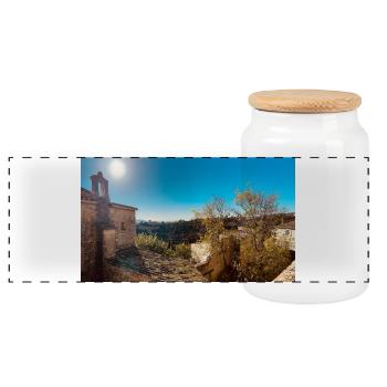 Sunny Tuscan Village with Rooftops - Panoramic Cookie Jar with Wooden Lid - white - Front