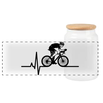 Road Bike Heartbeat ECG - Panoramic Cookie Jar with Wooden Lid - white - Front