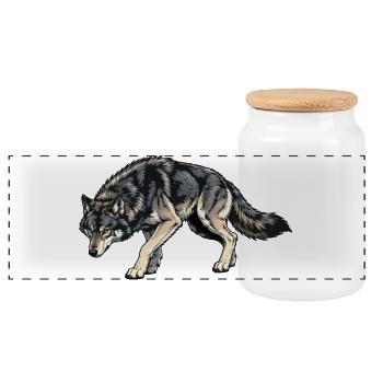 Wolf Illustration - Panoramic Cookie Jar with Wooden Lid - white - Front