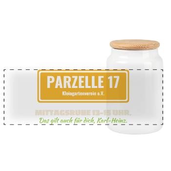 Kleingarten Parzelle Mittagsruhe Schrebergarten  - Panorama Keksdose mit Holzdeckel - Weiß - Vorne