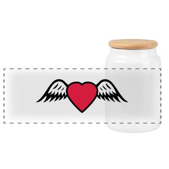 heart and wings icon - Panoramic Cookie Jar with Wooden Lid - white - Front