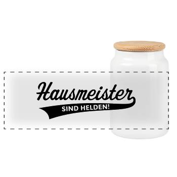 Hausmeister Sind Helden! (Facility Manager, Beruf) - Panorama Keksdose mit Holzdeckel - Weiß - Vorne