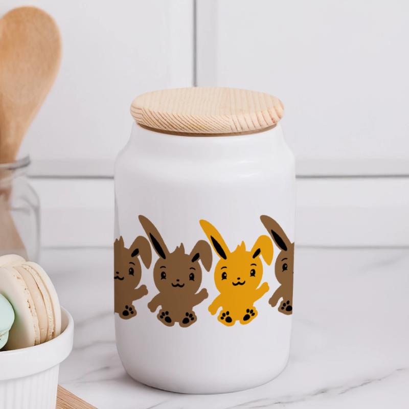 4 Bunny Friends Difference Be Different Different Panoramic Cookie Jar with Wooden Lid