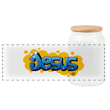Jesus saves - Panoramic Cookie Jar with Wooden Lid - white - Front