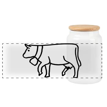 Cow drawn with bell - Panoramic Cookie Jar with Wooden Lid - white - Front