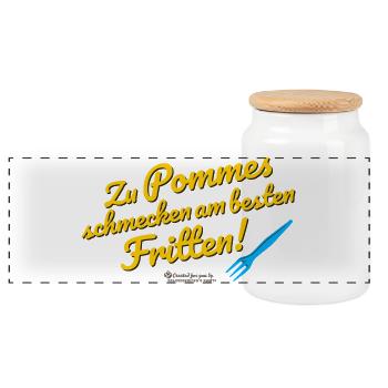 Witziges Spruchdesign mit Pommes und Frittens - Panorama Keksdose mit Holzdeckel - Weiß - Vorne