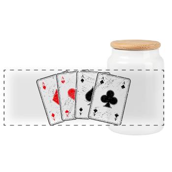 Karo- Herz- Pik- Kreuz-As Kartenspiel Poker Profi - Panorama Keksdose mit Holzdeckel - Weiß - Vorne