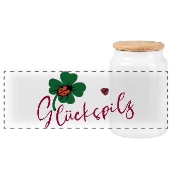 Lucky mushroom, cloverleaf, ladybug - Panoramic Cookie Jar with Wooden Lid - white - Front