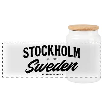 Stockholm, Sweden: Design with founding year - Panoramic Cookie Jar with Wooden Lid - white - Front