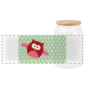 Funny Owl with Green Asterisk | Customisable - Panoramic Cookie Jar with Wooden Lid - white - Front