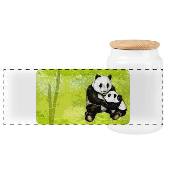 Mama Panda Bear with Baby Panda - Panoramic Cookie Jar with Wooden Lid - white - Front