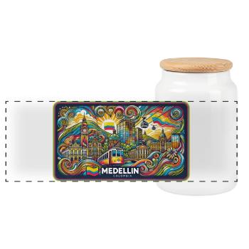 Medellin Columbia City Design - Panoramic Cookie Jar with Wooden Lid - white - Front