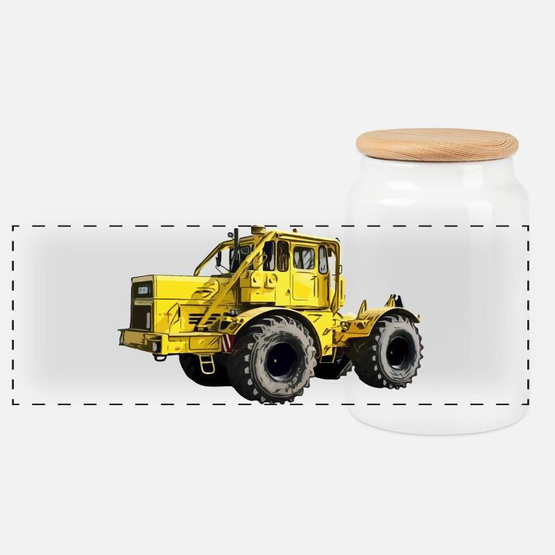 Gelbe Kraftmaschine K700 Traktor - Panorama Keksdose mit Holzdeckel - Weiß