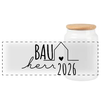 Bauherr 2026 Hausbau Geschenk Mann - Panorama Keksdose mit Holzdeckel - Weiß - Vorne