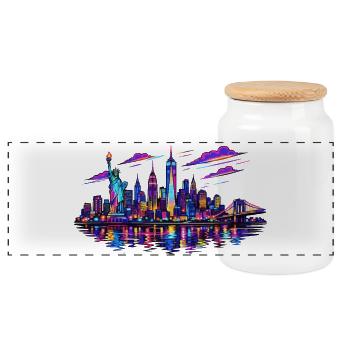 NYC Neon-Skyline Reflektion - Panorama Keksdose mit Holzdeckel - Weiß - Vorne