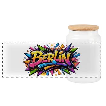 Berlin Graffiti lettering with colorful color effects - Panoramic Cookie Jar with Wooden Lid - white - Front
