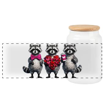Heart Trio Raccoons Love Joy - Panoramic Cookie Jar with Wooden Lid - white - Front