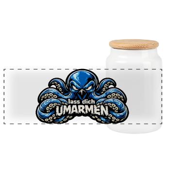 Umarmender Kraken mit Humor: Lass dich umarmen - Panorama Keksdose mit Holzdeckel - Weiß - Vorne