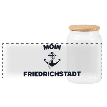 Moin Friedrichstadt – Maritimes Anker Design - Panorama Keksdose mit Holzdeckel - Weiß - Vorne