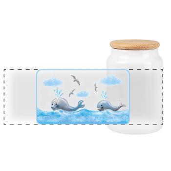 Baleines dans la mer bleue - Aquarelles peintes à la main - Boîte à biscuits avec couvercle en bois - blanc - Devant