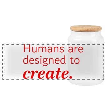 Humans are designed to create - rote Typografie - Panorama Keksdose mit Holzdeckel - Weiß - Vorne