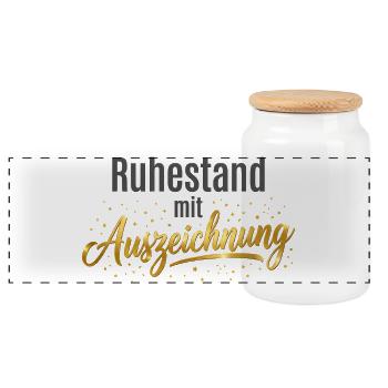 Rente mit Auszeichnung – Design mit goldnen Sterne - Panorama Keksdose mit Holzdeckel - Weiß - Vorne