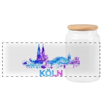 Köln Stadt Skyline Blau Purpur - Panorama Keksdose mit Holzdeckel - Weiß - Vorne